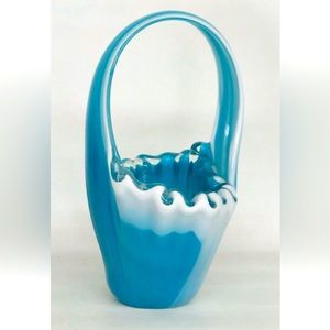 VINTAGE TURQUOISE AND WHITE MURANO BASKET VASE #2355B
